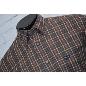 Faconnable Button Down Shirt Mens Large Burgundy Gold Plaid Long Sleeve Cotton